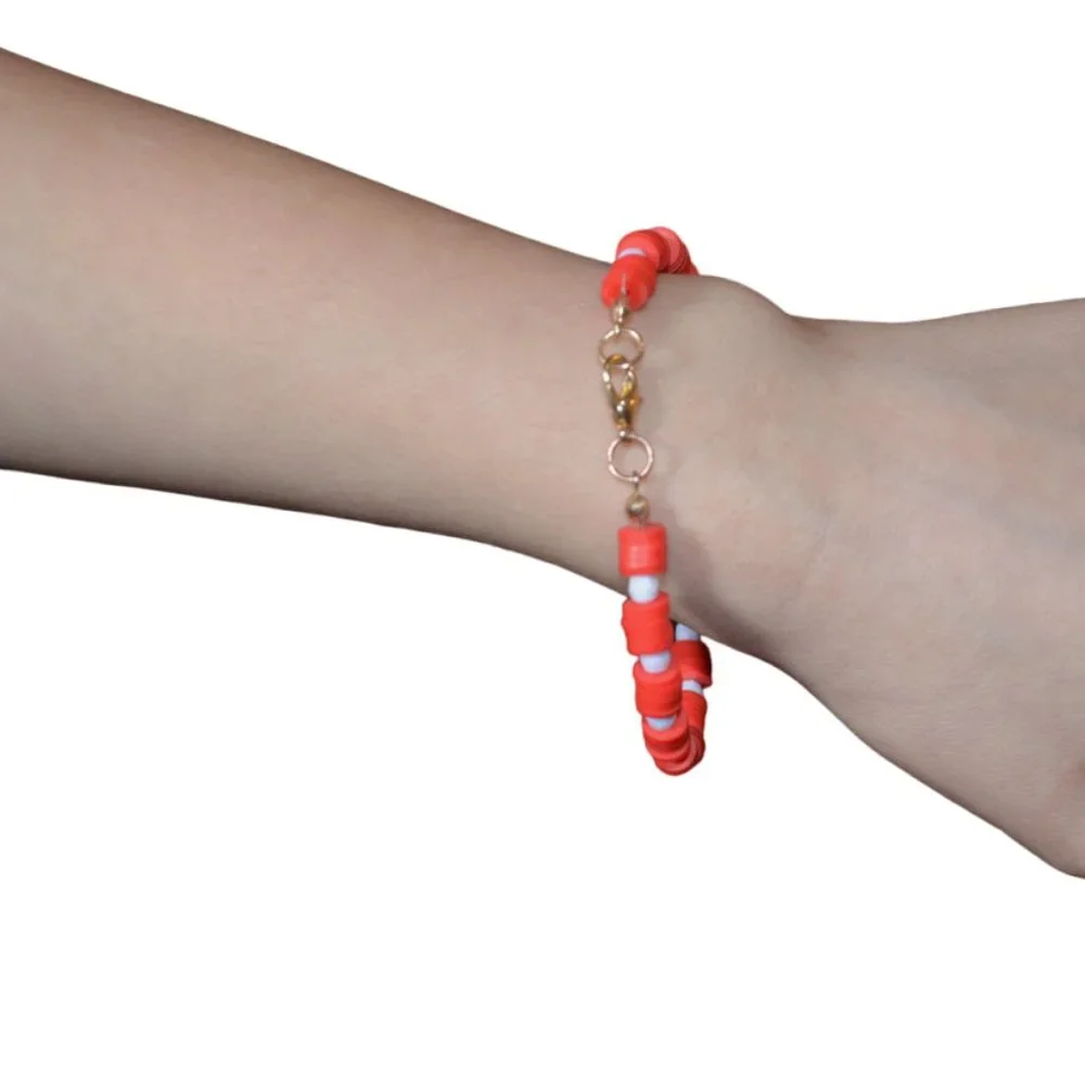 Handmade Clay Beads Elastic Kids Bracelet White Red Heart Image 2.5 length/half